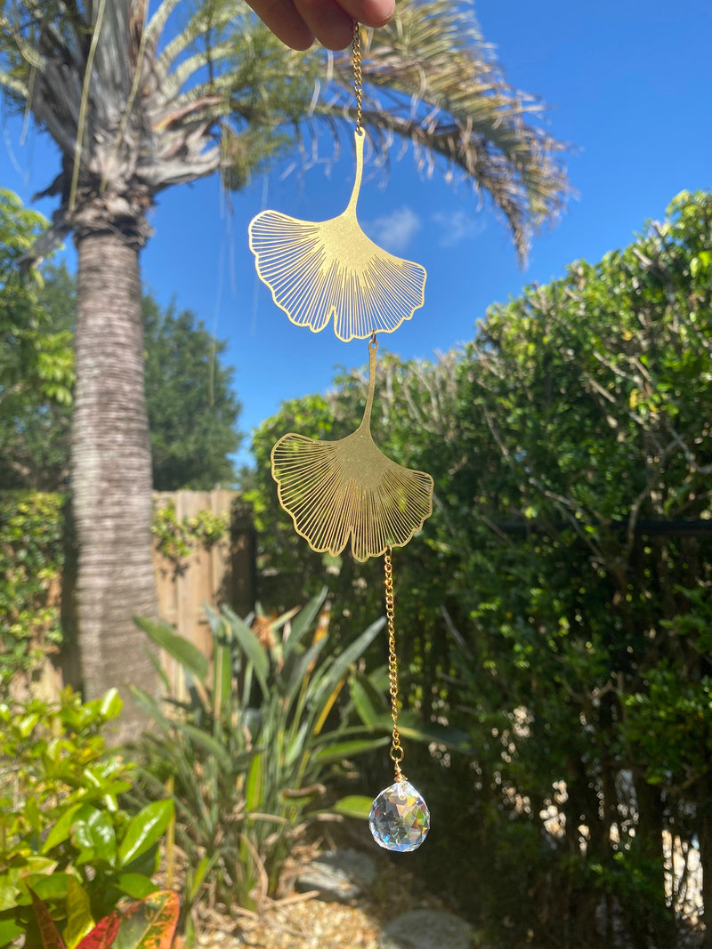 Gold Ginko Leaf Geometric Suncatcher Crystal Prism Ball Modern Rainbow Maker Light Catcher Window Hanging Good Luck Gift Ideas