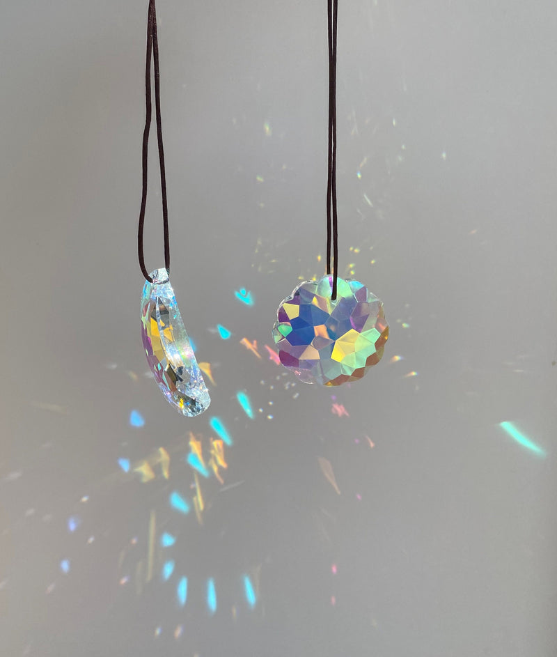 Crescent Moon & Sun Prism Suncatcher Set Rear View Mirror Car Charm AB Mandala Crystal Decor Rainbow Maker Window Hangings Housewarming Gift