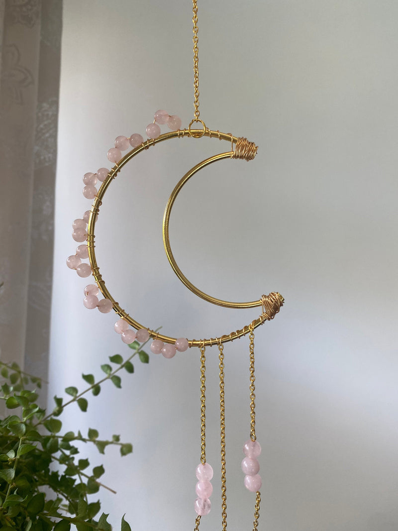 Large Rose Quartz Pink Bead Suncatcher Gold Modern Crescent Moon AB Crystal Prism Ball Celestial Hanging Zen Decor Good Luck Gift