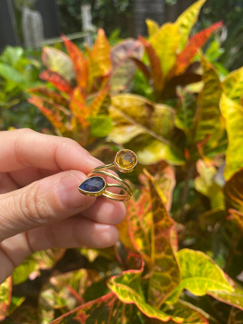 Colorful Round Pear Drop Orange Citrine & Blue Lolite Quartz Gold Plated Adjustable Double Stack Ring Dainty Modern Jewelry Best Friend Gift