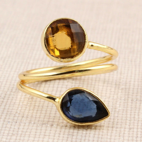 Colorful Round Pear Drop Orange Citrine & Blue Lolite Quartz Gold Plated Adjustable Double Stack Ring Dainty Modern Jewelry Best Friend Gift