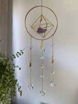 Large Amethyst Geometric Suncatcher Gold Modern Purple Crystal Clear Prism Circle Moon Celestial Hanging Zen Decor Good Luck Gift