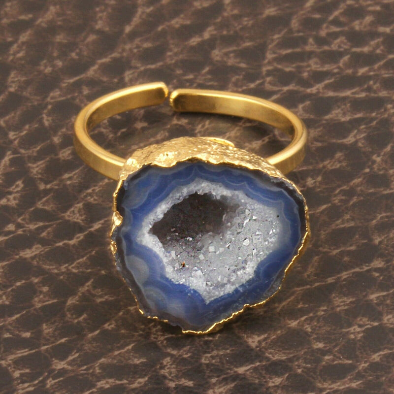 Natural Shape Navy Blue Geode Druzy Quartz Gold Plated Adjustable Ring Dainty Modern Gemstone Crystal Jewelry Unique Friend Gift for Her