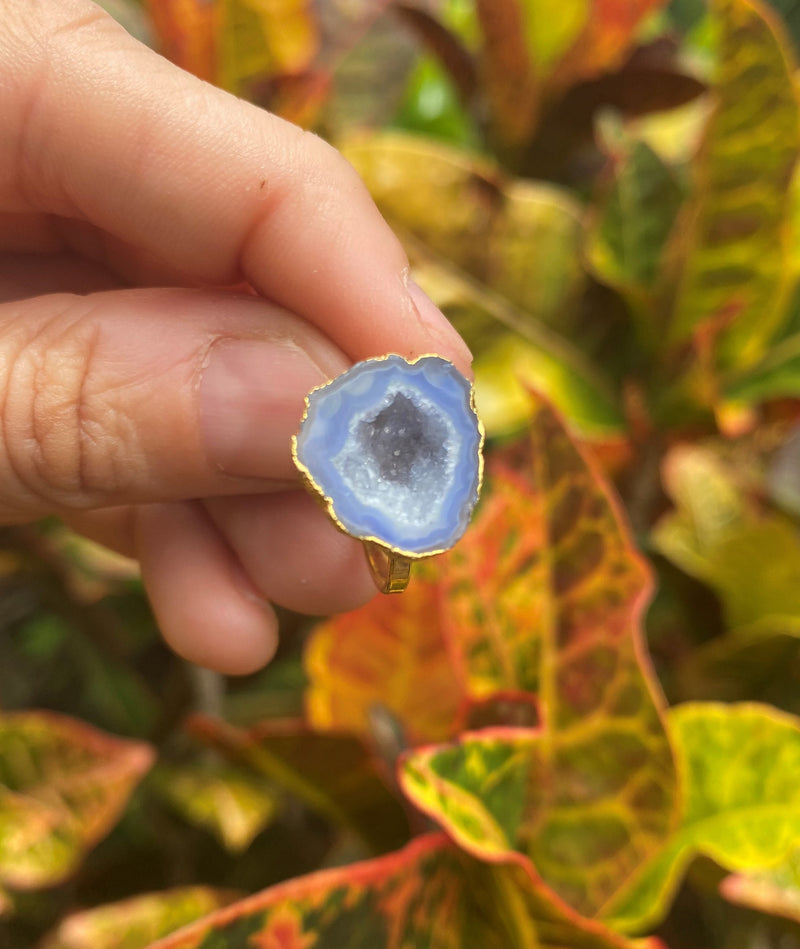 Natural Shape Navy Blue Geode Druzy Quartz Gold Plated Adjustable Ring Dainty Modern Gemstone Crystal Jewelry Unique Friend Gift for Her