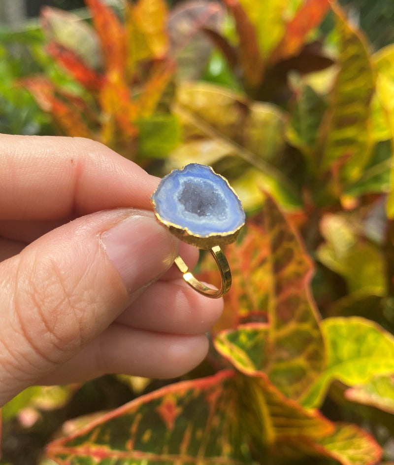 Natural Shape Navy Blue Geode Druzy Quartz Gold Plated Adjustable Ring Dainty Modern Gemstone Crystal Jewelry Unique Friend Gift for Her