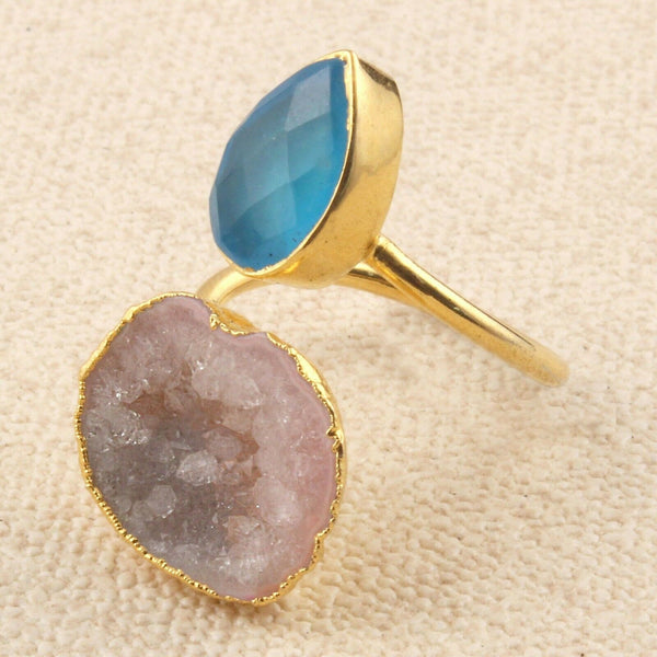 Blue Apatite & Peach Geode Druzy Quartz Gold Plated Adjustable Double Stack Ring, Polished gemstone, Unique Modern Crystal Gift for Her