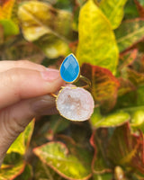 Blue Apatite & Peach Geode Druzy Quartz Gold Plated Adjustable Double Stack Ring, Polished gemstone, Unique Modern Crystal Gift for Her