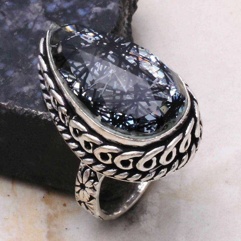 Size 7 Elegant Teardrop Rutile Quartz Vintage Sterling Silver Ring Dainty Modern Antique Rutilated Clear Crystal Jewelry Unique Friend Gift