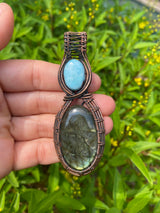 Handmade Labradorite & Larimar Crystal Pendant Necklace, Copper Wire Wrapped Oval Gemstone REIKI INFUSED, Amulet Goddess Wicca Unique Gift