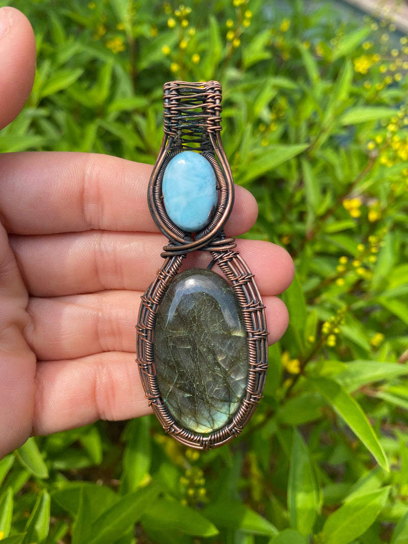 Handmade Labradorite & Larimar Crystal Pendant Necklace, Copper Wire Wrapped Oval Gemstone REIKI INFUSED, Amulet Goddess Wicca Unique Gift