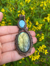 Handmade Labradorite & Larimar Crystal Pendant Necklace, Copper Wire Wrapped Oval Gemstone REIKI INFUSED, Amulet Goddess Wicca Unique Gift