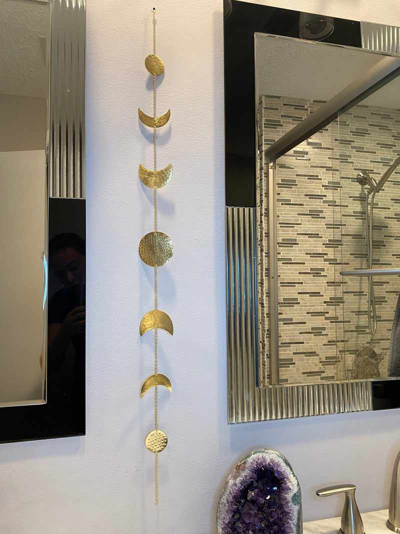 7 Metal Moon Phase Wall Hanging Decor with Lights Hammered Brass Garland Horizontal Vertical Decoration Housewarming Wedding Arch Birthday
