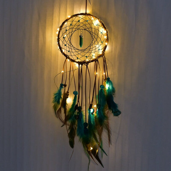 Teal Blue Brown Feather Dream Catcher Dreamcatcher w Lights Beaded Native American Unique Wall Art Decoration Boy Unisex Nursery Zen Decor