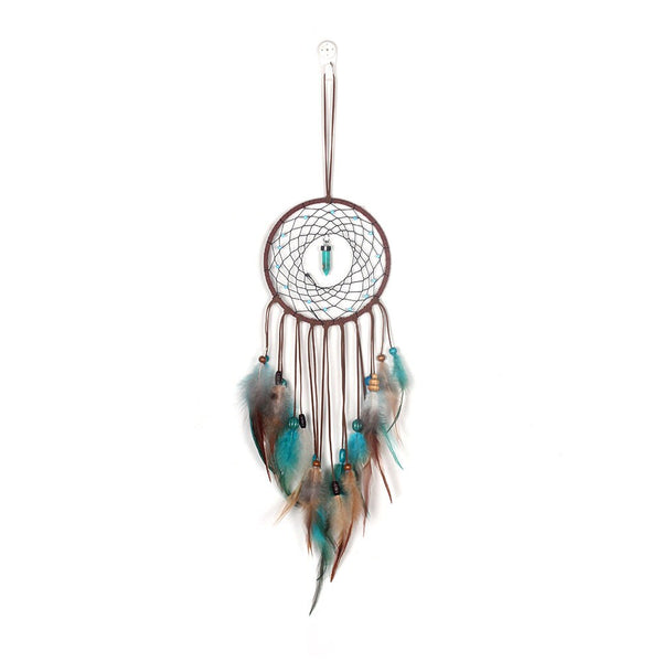 Teal Blue Brown Feather Dream Catcher Dreamcatcher w Lights Beaded Native American Unique Wall Art Decoration Boy Unisex Nursery Zen Decor