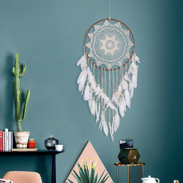 XL Large White Lace Fengshui Dreamcatcher Feather Beaded Brown Tan Unique Wall Art Decoration Girl Nursery Zen Boho Decor Dream Catcher