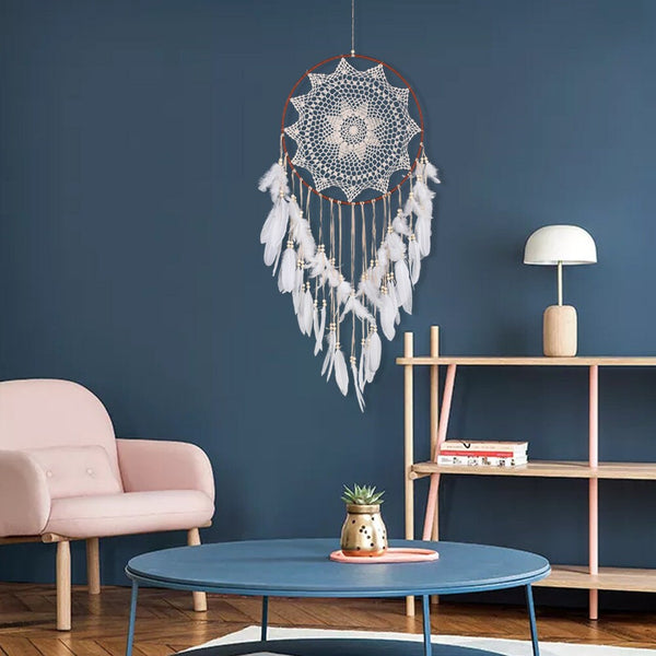 XL Large White Lace Fengshui Dreamcatcher Feather Beaded Brown Tan Unique Wall Art Decoration Girl Nursery Zen Boho Decor Dream Catcher