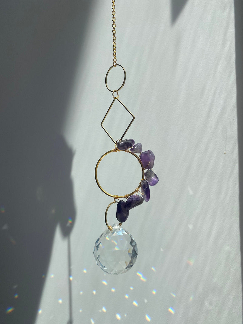 Amethyst Geometric Suncatcher - Dainty Gold Modern Purple Crystal Circle Diamond Celestial Hanging Zen Decor Lucky Good Luck Gift