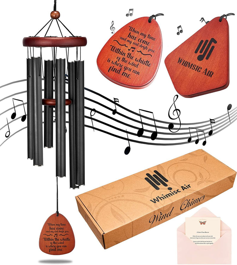 Black Memorial Wind Chime Large 32 Inch Metal Tube Bereavement Sympathy with Box, Letter from Heaven Poem, In Loving Memory Outdoor Decor