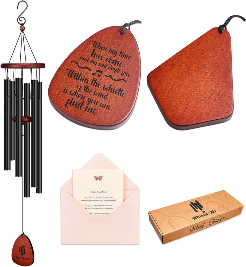 Black Memorial Wind Chime Large 32 Inch Metal Tube Bereavement Sympathy with Box, Letter from Heaven Poem, In Loving Memory Outdoor Decor
