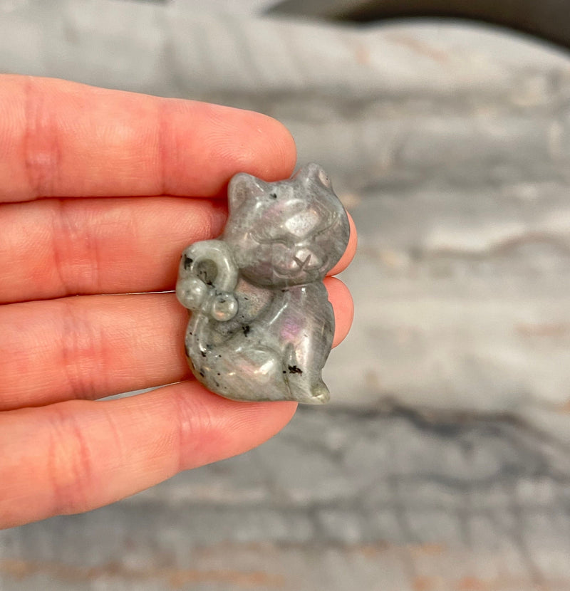 Labradorite Cat Kitty Hand Carved Crystal Altar Tile High Flash Birthday Anniversary Valentine's Day Housewarming Birthday Gift Alter