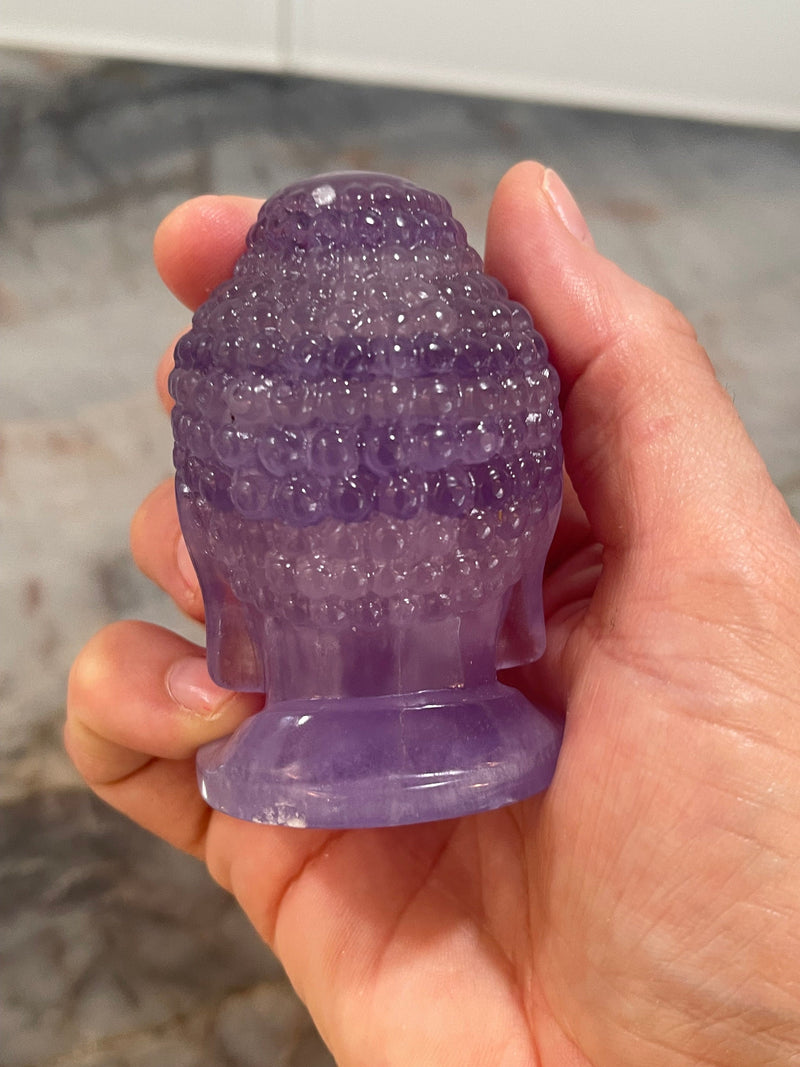 Approx 2.75" Purple Fluorite Zen Buddha Head Hand Carved Crystal Statue Meditation Altar Stone Decor Birthday Christmas Anniversary Gift