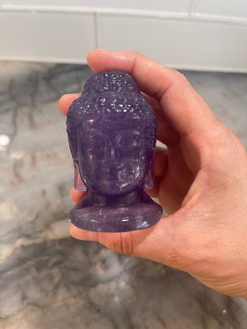 Approx 2.75" Purple Fluorite Zen Buddha Head Hand Carved Crystal Statue Meditation Altar Stone Decor Birthday Christmas Anniversary Gift