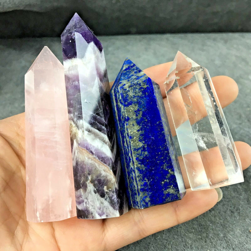 2.1-3.5" Rose Quartz, Amethyst, Lapis Lazuli, Clear Quartz Obelisk Tower Points, Beginner Crystal Lot Set of 4 Healing Crystals Gift