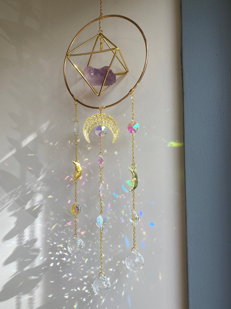 Large Amethyst Geometric Suncatcher Gold Modern Purple Crystal Clear Prism Circle Moon Celestial Hanging Zen Decor Good Luck Gift