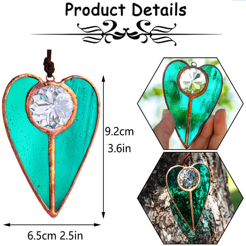 Stained Glass Heart Shaped Suncatcher Window Hanging Pendant Decoration Car Charm Christmas Ornament Home Decor Patio Blue Green Teal Red