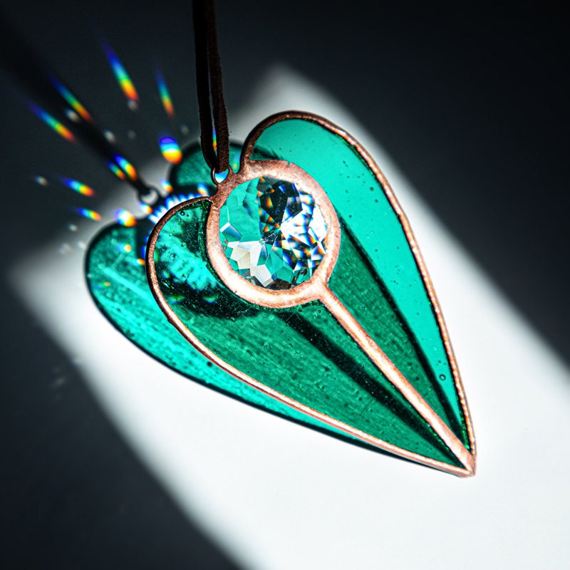 Stained Glass Heart Shaped Suncatcher Window Hanging Pendant Decoration Car Charm Christmas Ornament Home Decor Patio Blue Green Teal Red