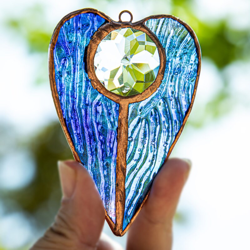 Stained Glass Heart Shaped Suncatcher Window Hanging Pendant Decoration Car Charm Christmas Ornament Home Decor Patio Blue Green Teal Red