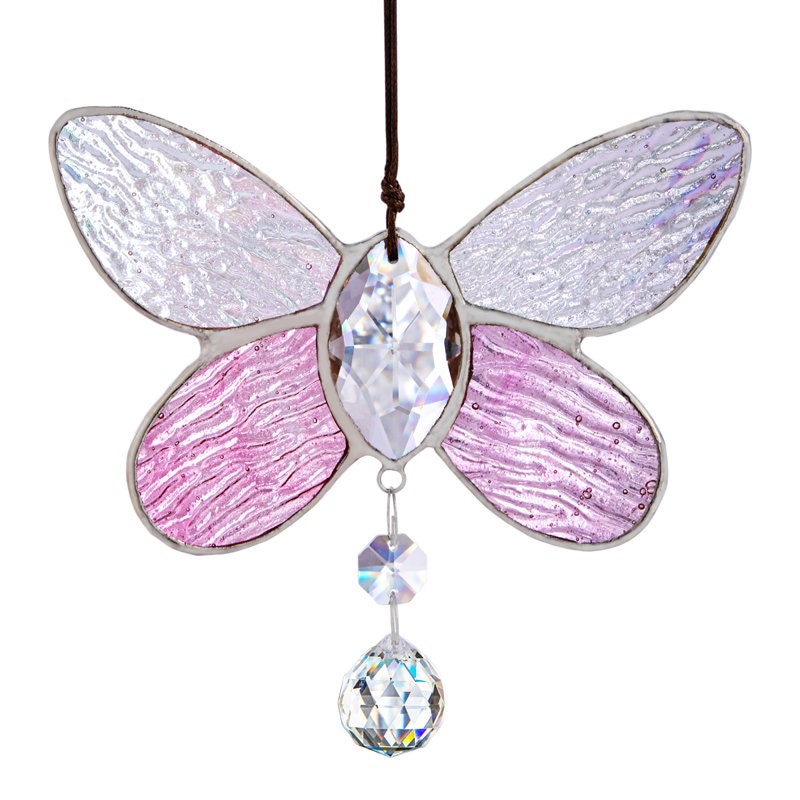 Stained Glass Butterfly Suncatcher w Crystal Prism Ball Window Hanging Pendant Decoration Car Charm Christmas Ornament Home Decor Patio Gift