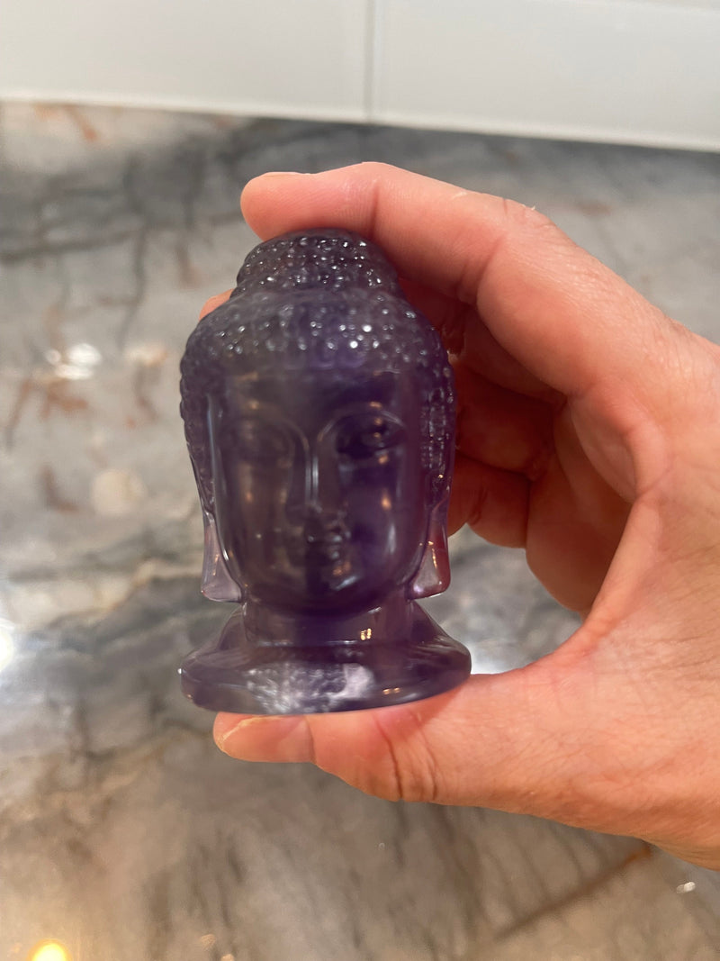 Approx 2.75" Purple Fluorite Zen Buddha Head Hand Carved Crystal Statue Meditation Altar Stone Decor Birthday Christmas Anniversary Gift