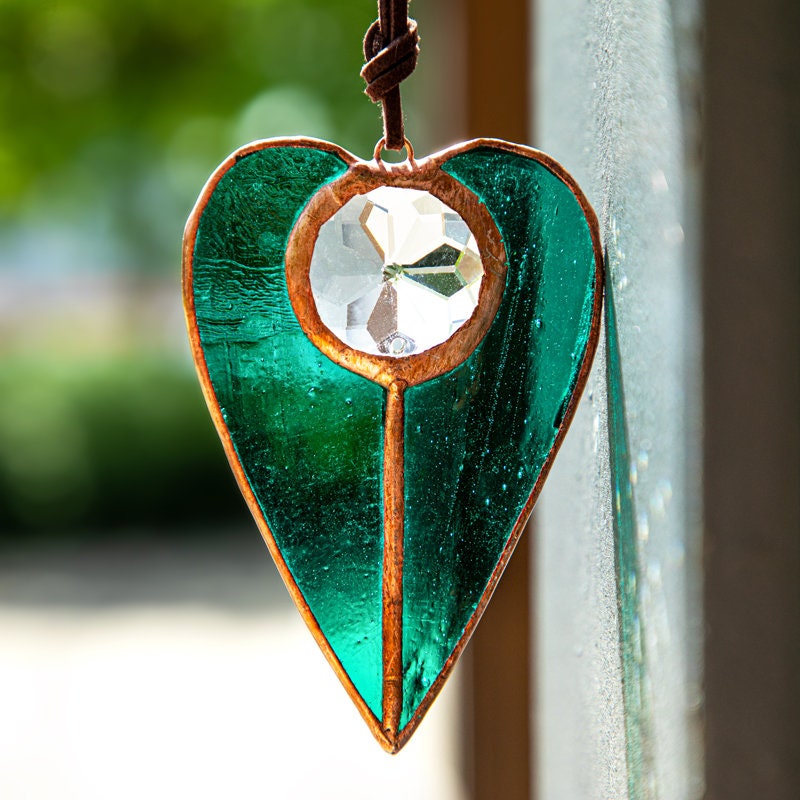 Stained Glass Heart Shaped Suncatcher Window Hanging Pendant Decoration Car Charm Christmas Ornament Home Decor Patio Blue Green Teal Red
