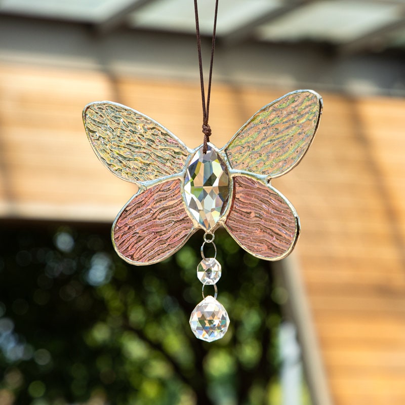 Stained Glass Butterfly Suncatcher w Crystal Prism Ball Window Hanging Pendant Decoration Car Charm Christmas Ornament Home Decor Patio Gift
