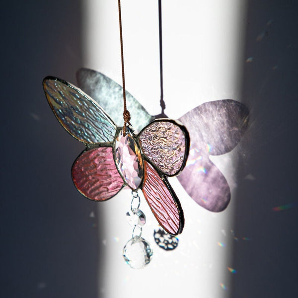 Stained Glass Butterfly Suncatcher w Crystal Prism Ball Window Hanging Pendant Decoration Car Charm Christmas Ornament Home Decor Patio Gift