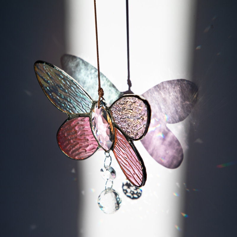 Stained Glass Butterfly Suncatcher w Crystal Prism Ball Window Hanging Pendant Decoration Car Charm Christmas Ornament Home Decor Patio Gift