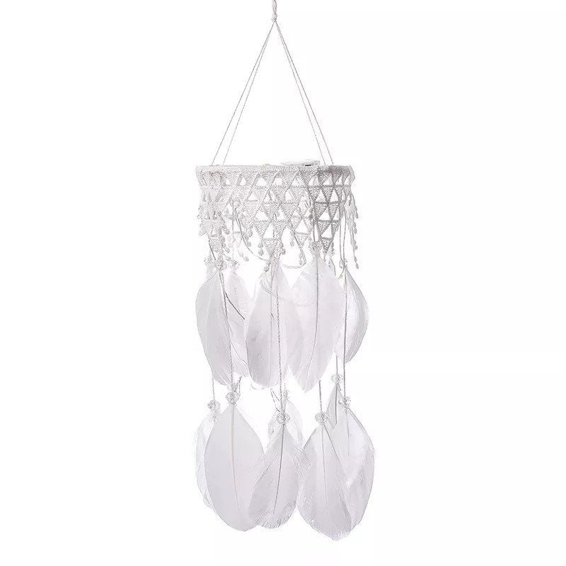 White Feather Dream Catcher Dreamcatcher Chandelier Lamp, Feathers, Beads, Fairy Lights Wall Hanging Decor, Girl Nursery Christmas Gift