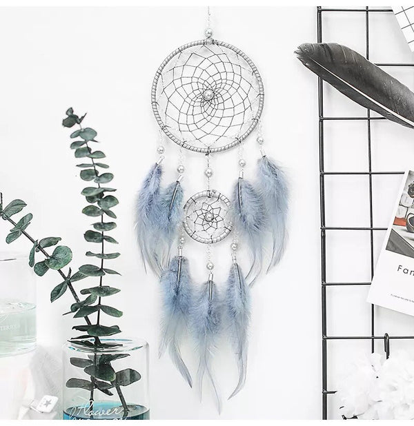 Silver Gray Native American Feather Dreamcatcher 4.5x13" Beads Pearls Unique Wall Large Dream Catcher Girl Boy Nursery Zen Boho Decor Gift