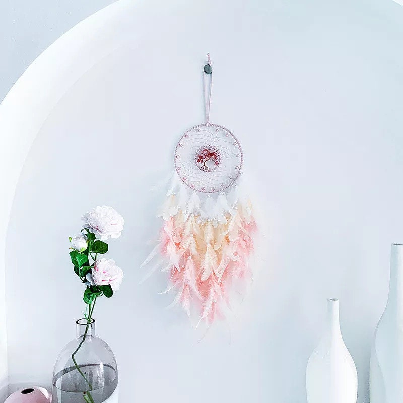 Pink Tree of Life Feather Pearl Dreamcatcher Light Copper Beaded Dream Catcher Unique Wall Decoration Large Girl Nursery Zen Christmas Gift