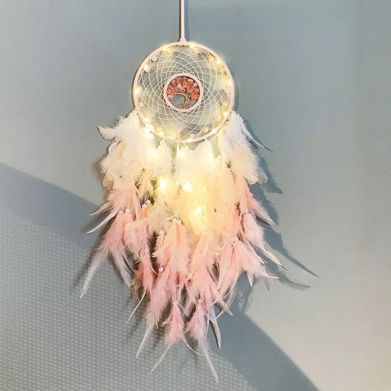 Pink Tree of Life Feather Pearl Dreamcatcher Light Copper Beaded Dream Catcher Unique Wall Decoration Large Girl Nursery Zen Christmas Gift