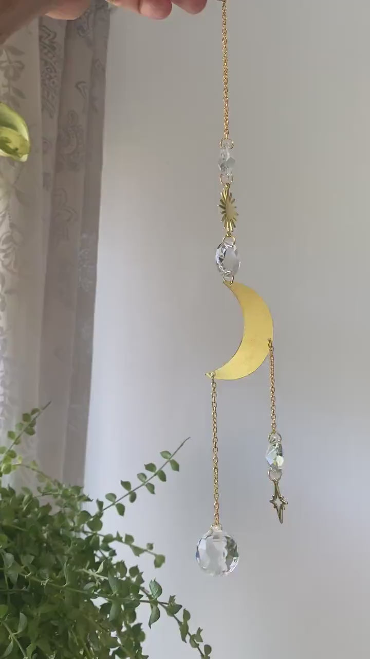 Gold Crescent Moon Star Sun Geometric Suncatcher Crystal Prism Ball Modern Hoop Rainbow Maker Light Catcher Hanging Good Luck Gift