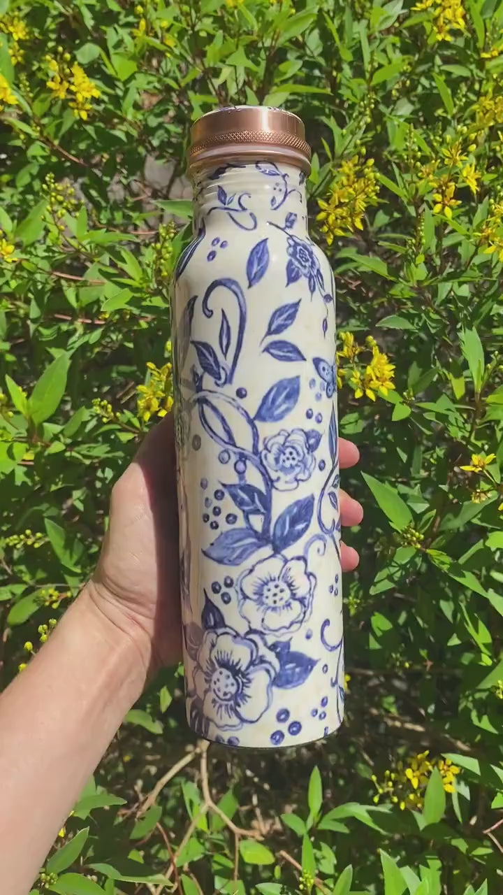 32oz 950mL Ayurvadic Pure Copper Printed Water Bottle, White Blue Butterfly Nature Bird, Meditation, Health Benefits, GREAT CHRISTMAS GIFT!