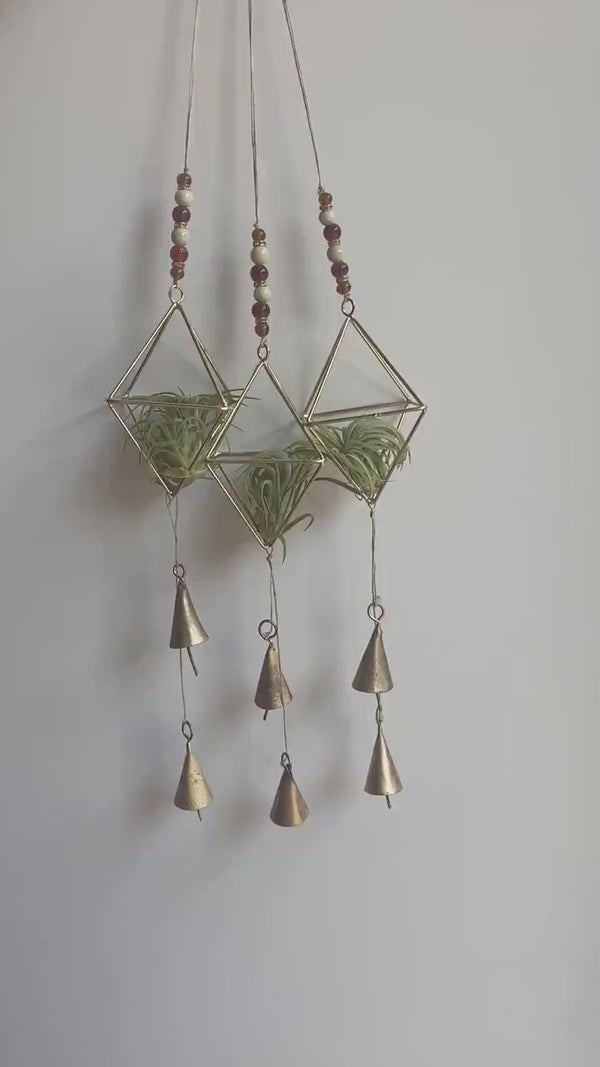 Geometric Hanging Beaded Agate Bell Air Plant Holder Indoor Plant Himmeli Brass Gold Metal Birthday Housewarming Gardening Geometric Plantar