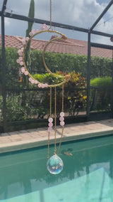 Large Rose Quartz Pink Bead Suncatcher Gold Modern Crescent Moon AB Crystal Prism Ball Celestial  Hanging Zen Decor Good Luck Gift