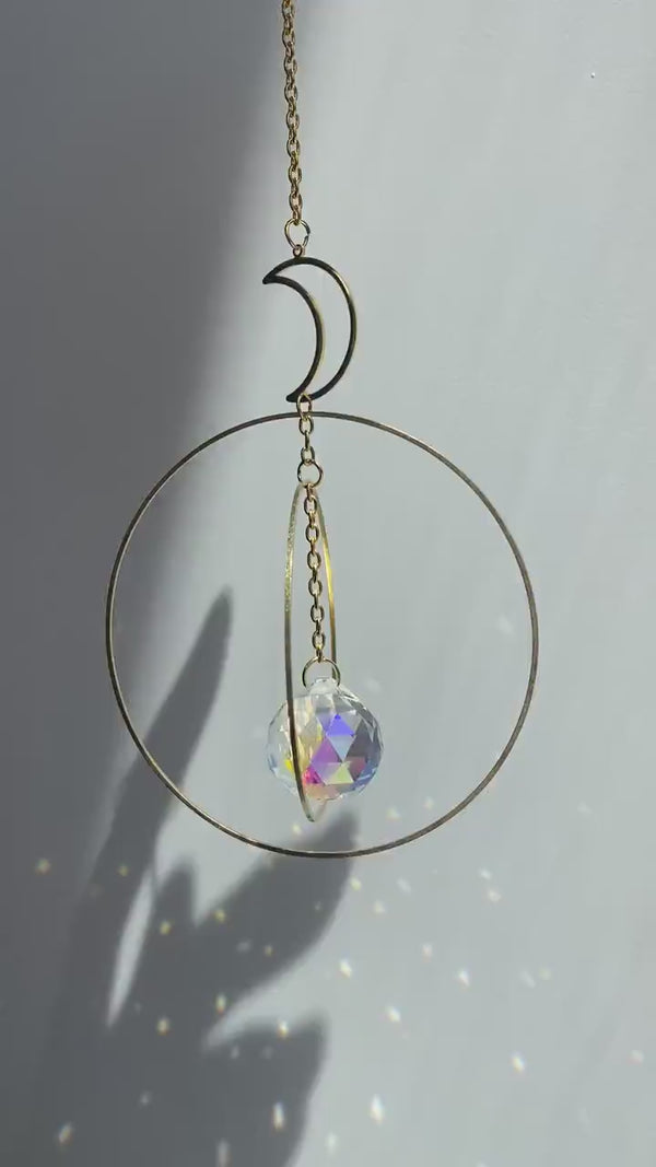 Large Geometric Crescent Moon Double Circle Suncatcher Gold Modern Clear Crystal Prism Celestial  Hanging Zen Decor Good Luck Gift