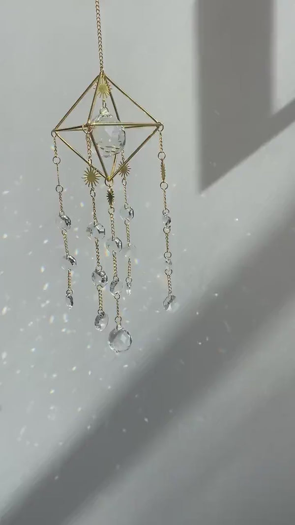 Large Gold Geometric Modern Suncatcher, Unique Celestial Clear Prism Ball Wall Hanging Zen Decor Protection Gift for Her