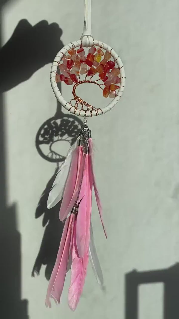 Cute Tree of Life Pink White Feather Dreamcatcher FREE SHIP Car Rear View Mirror Small Accessory Window Charm Suncatcher Pendant