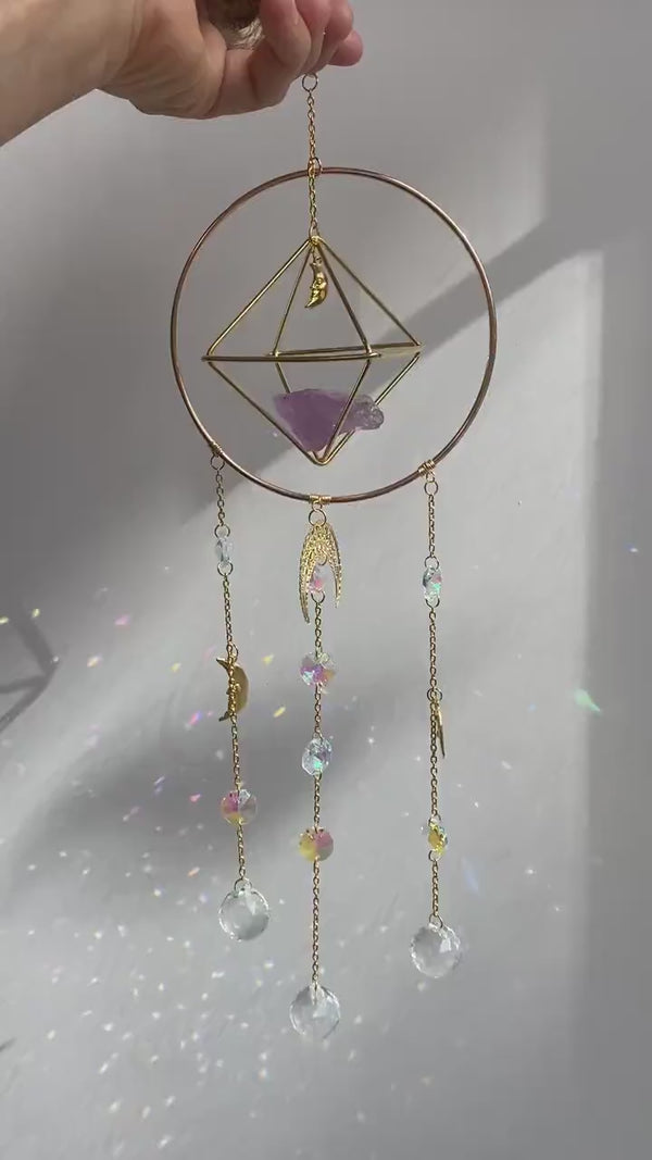 Large Amethyst Geometric Suncatcher Gold Modern Purple Crystal Clear Prism Circle Moon Celestial Hanging Zen Decor Good Luck Gift