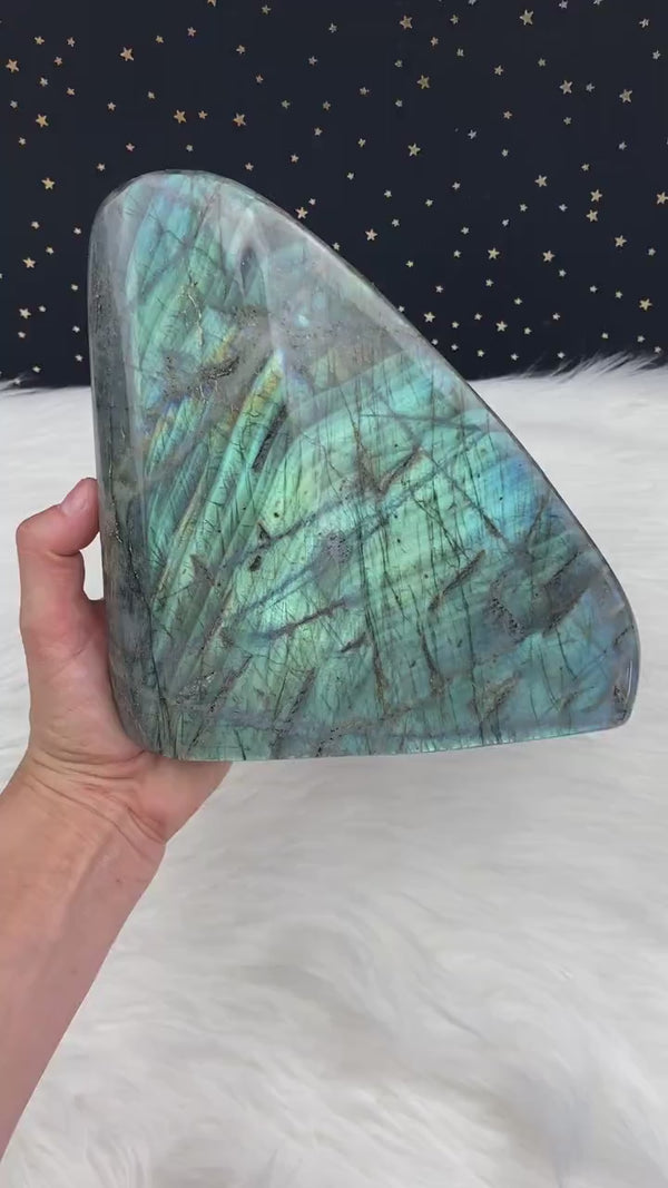 9.5” 4lb 7oz Dark Blue Teal Labradorite from Madagascar XL Self Standing Freeform 2000g Orange Yellow Quartz Natural Large Crystal